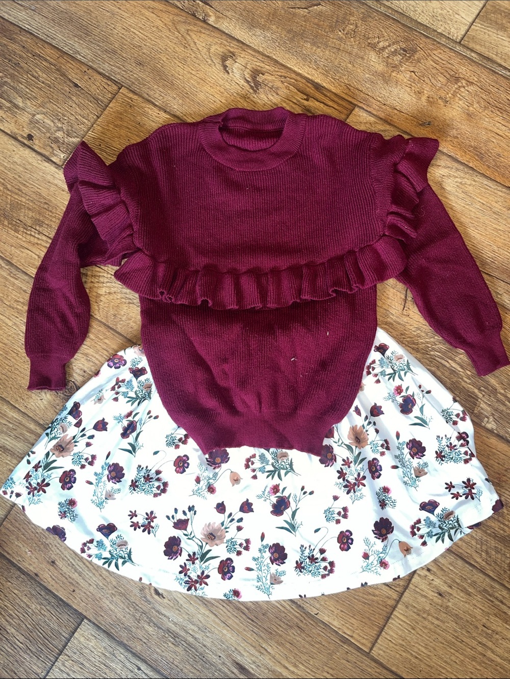 Girls boutique Burgundy Ruffle Sweater Top with floral skirt. Size 7/8 or 10/12